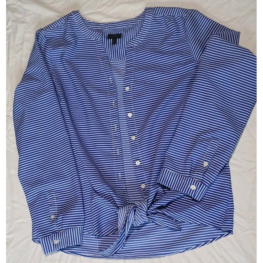 Talbots Tie Front Blouse Striped Blue Women's Top Size Large
